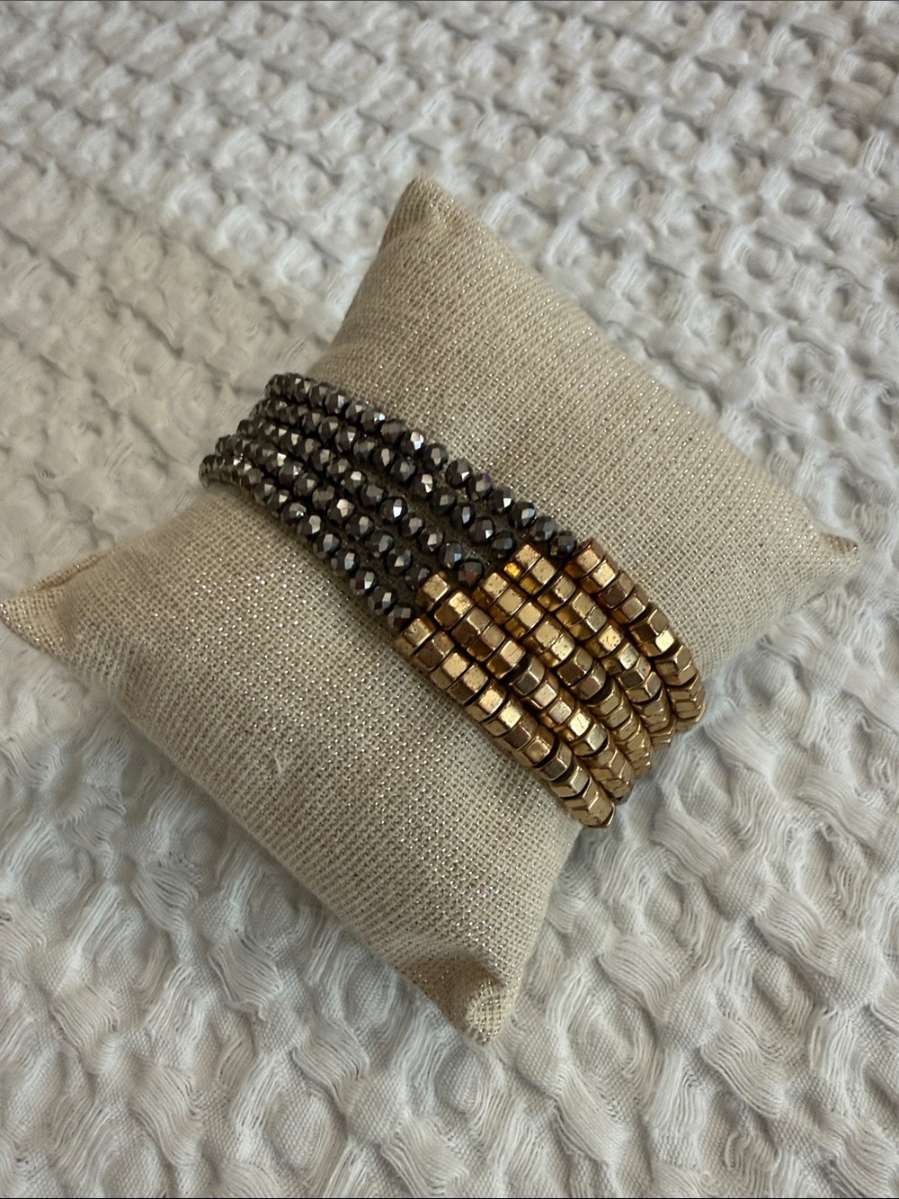 Layered Gold and Gunmetal Beaded Stretch Bracelet Set
